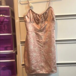 Beige Satin Slip Dress with Butterfly Print